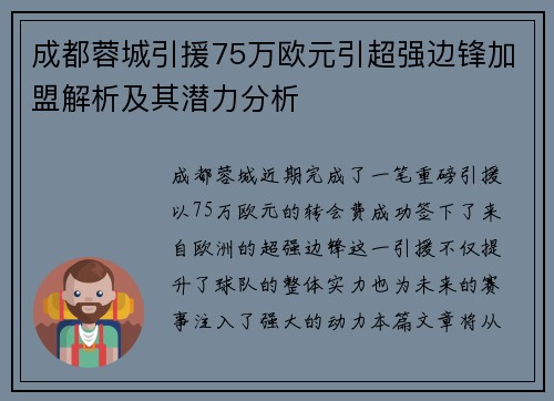 成都蓉城引援75万欧元引超强边锋加盟解析及其潜力分析